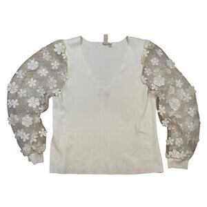 Dolan Left Coast by Anthropologie Floral Sheer-Sleeve Appliqué sleeve 1X cream
